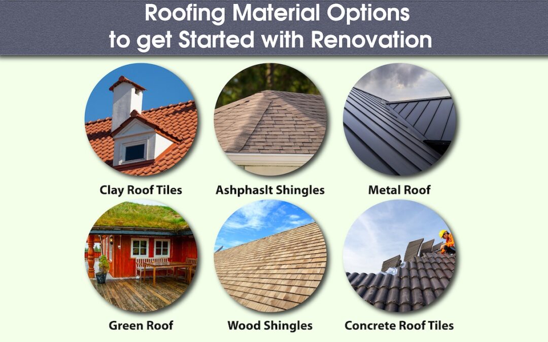 An assortment of popular roofing materials displayed, including shingles, tiles, metal, and slate, with labels highlighting their respective benefits and features.